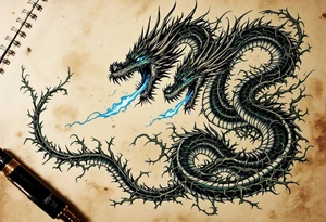 Slavic Dragon (Zmey) – A three-headed serpent-like dragon in shades of dark green and steel, spitting blue flame and wrapped in thorny vines. tattoo idea