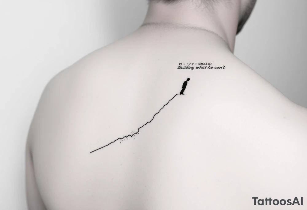 Minimalist black-ink forearm tattoo symbolizing father and son, legacy, and continuation of unfinished dreams. A single rising line starts fragmented at the bottom (father’s unfinished work) and grows solid as it ascends (son carrying the legacy). Fine particle-like lines flow upward along the path, representing the father’s guidance. Subtle abstract outline of father watching over the line at the top. Include Roman numerals VI·IV·MMXXIII and optionally “Building what he couldn’t”. Vertical forearm layout, minimalistic, clean fine-line style, emotionally powerful, black-ink only. tattoo idea