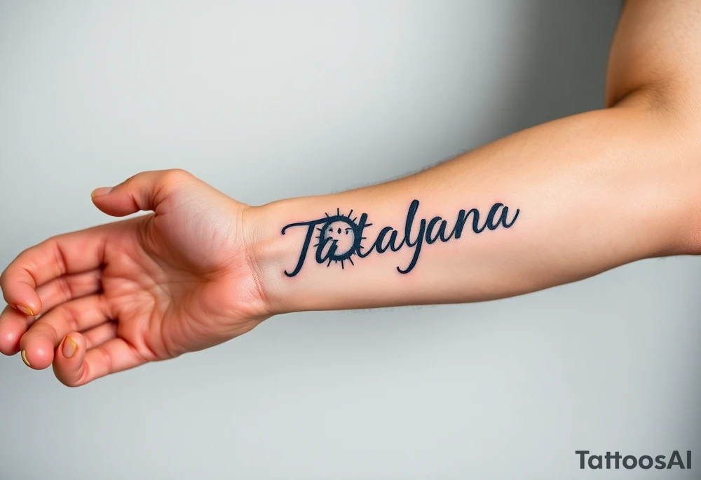 Forearm tattoo for a man using the name “Tatayana” Starting from the wrist, stretching to the elbow with the sun and moon tattoo idea
