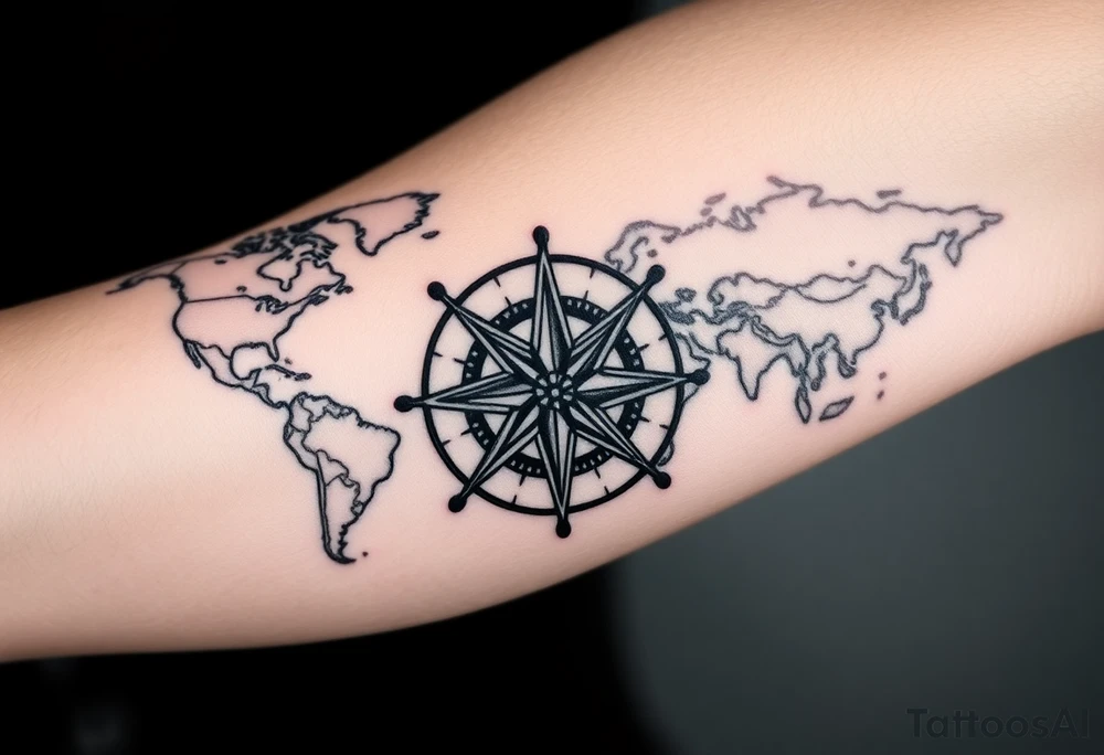 antique compass rose overlaid on weathered world map with sailing ships tattoo idea