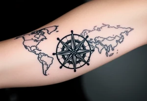 antique compass rose overlaid on weathered world map with sailing ships tattoo idea
