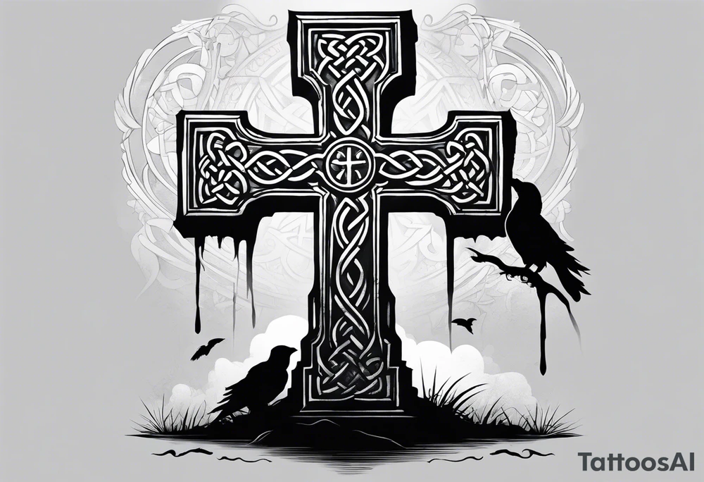 A stone Celtic cross, standing alone in the fog, with a raven perched on the arm of the cross tattoo idea