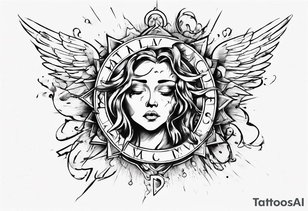 abstraction with sun and letters and angels tattoo idea