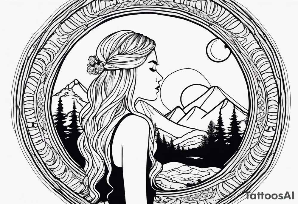 Straight blonde hair girl facing away toward mountains surrounded by mushrooms crescent moon mandala circular design black and white striped dress "8" braided into hair tattoo idea