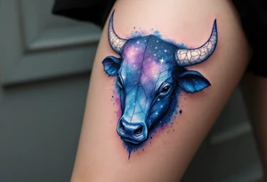 Cosmic Bull Head – Starry-textured bull hide in midnight blue and violet, speckled with faint constellations, and horns made of cracked white stone. tattoo idea