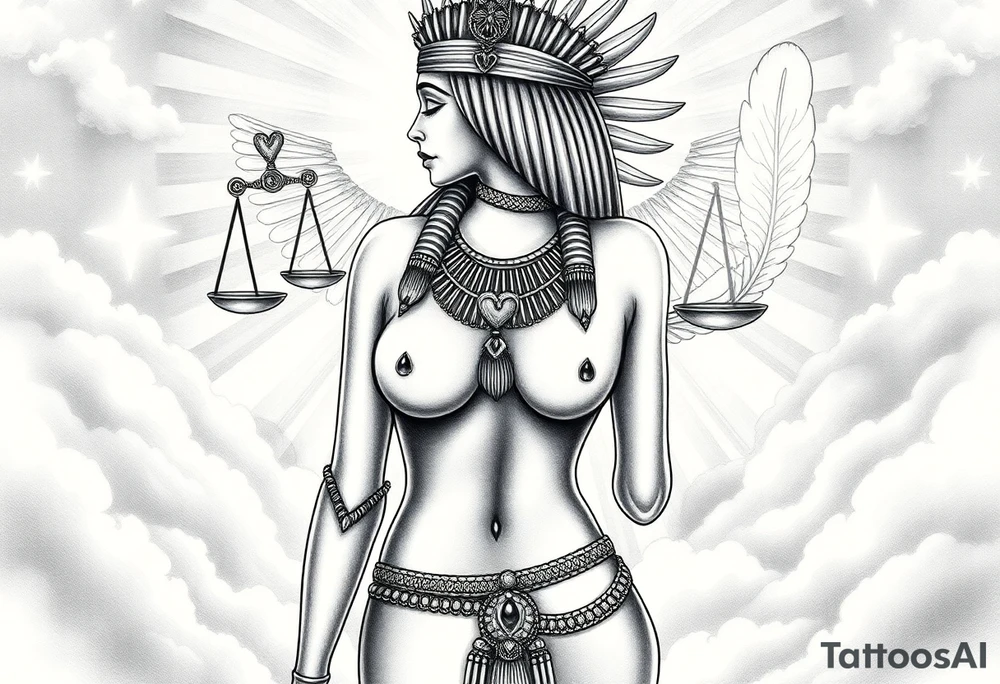 Sexy Egyptian goddess with a curvy body, breasts showing, and wide hips. She is wearing an ostrich feather headdress, and intricate ancient Egyptian jewelry the Anhk necklace. Background includes something similar to heaven. Incorporate the Scales of Justice—one side holding a heart, the other Ma’at’s feather—glowing with ethereal energy. Emphasize dramatic lighting, deep shadows, and surreal, mystical atmosphere tattoo idea