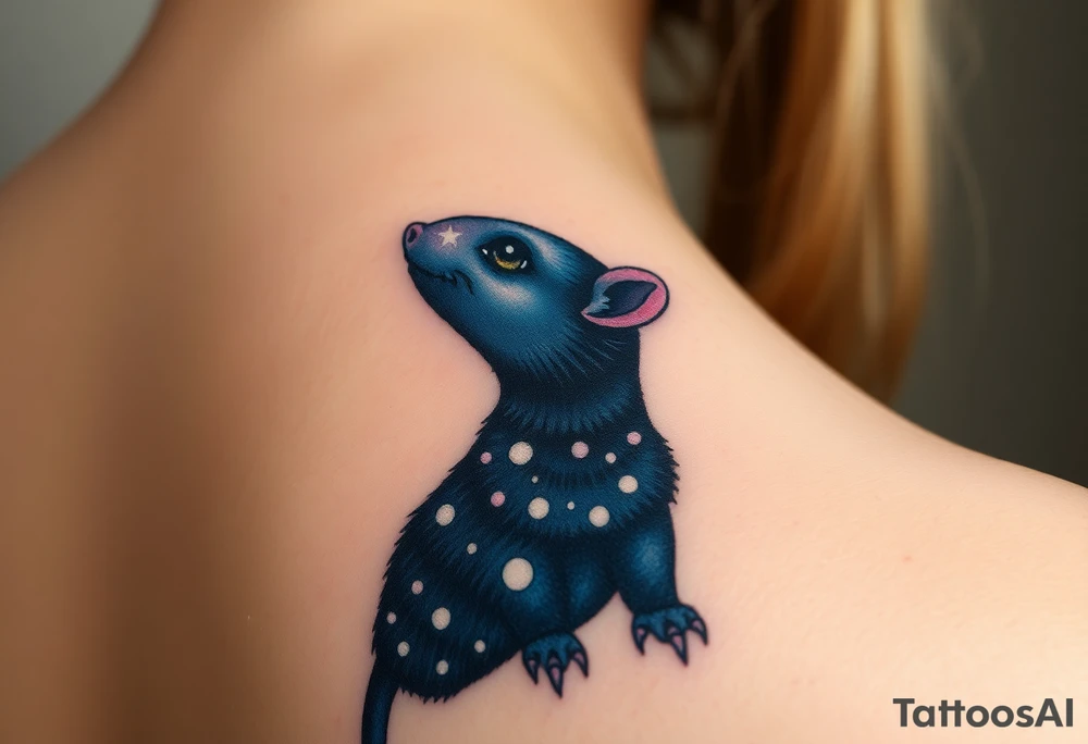 A celestial mole gazing at the stars, with a deep navy-blue fur coat speckled with glowing white constellations tattoo idea