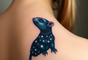 A celestial mole gazing at the stars, with a deep navy-blue fur coat speckled with glowing white constellations tattoo idea