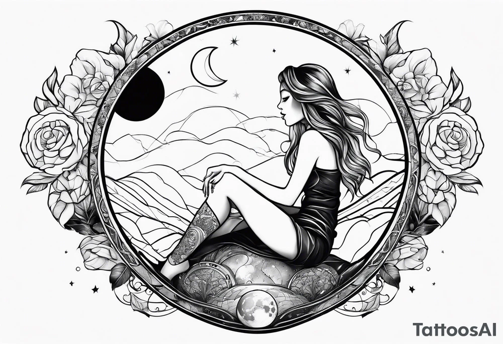 girl sitting on the moon watching the world tattoo idea