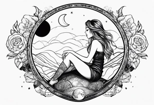 girl sitting on the moon watching the world tattoo idea