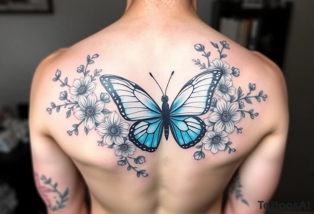 Sleeve/ floral with vines roses and daises large bright blue monarch in center of forearm with floral extending from wrist to mid bicep children’s names written with vines “ amber, Zachary, Justin, Harper, Vivian “ ARM SLEEVE tattoo idea