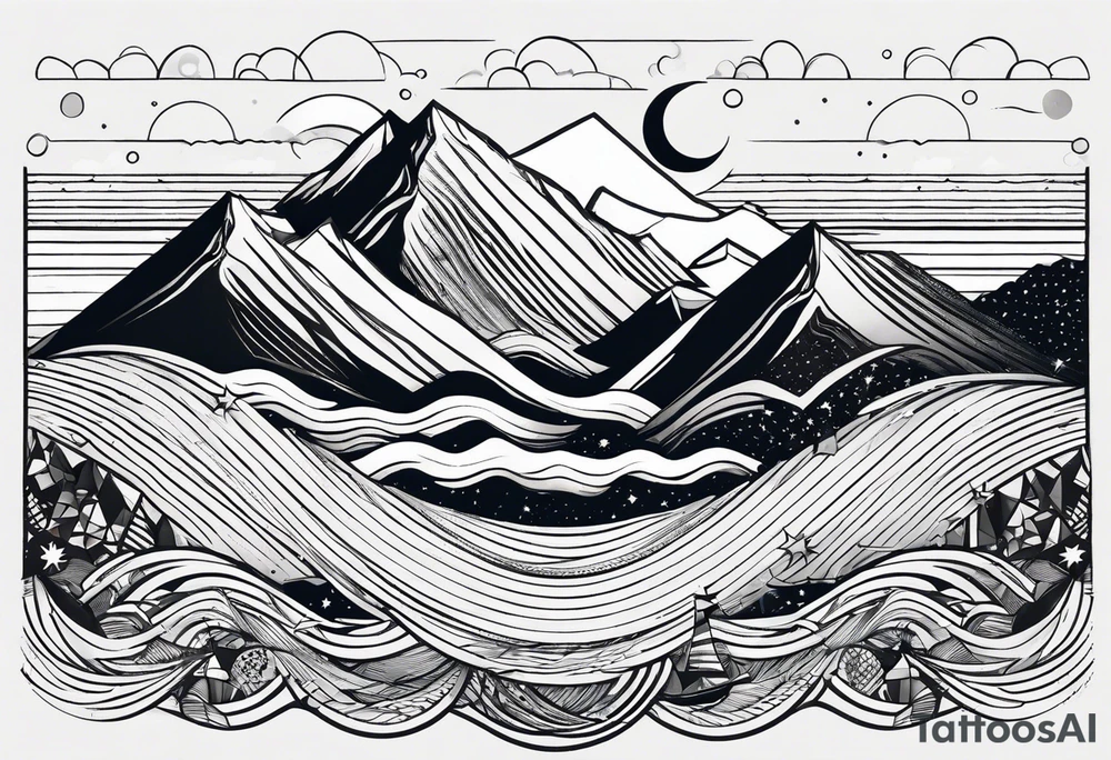 Mountain one Peak, sea waves, space with two littel Stars, geometrical Forms surrounding with dashed lines overlapping tattoo idea