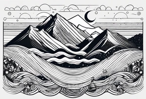 Mountain one Peak, sea waves, space with two littel Stars, geometrical Forms surrounding with dashed lines overlapping tattoo idea