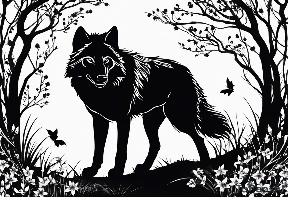 Two curved lines diverge, representing paths. One path is barren. The other path sprouts small leaves. Silhouette of a hunched wolf at the end of the barren path. Silhouette of a standing, open wolf at the end of the flowering path tattoo idea
