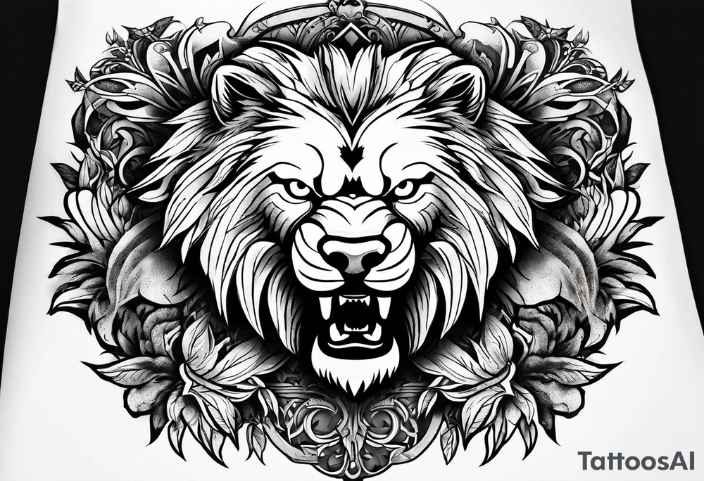 create a tattoo style image, merging the 3 animals, an American eagle, a lion and a wolf tattoo idea