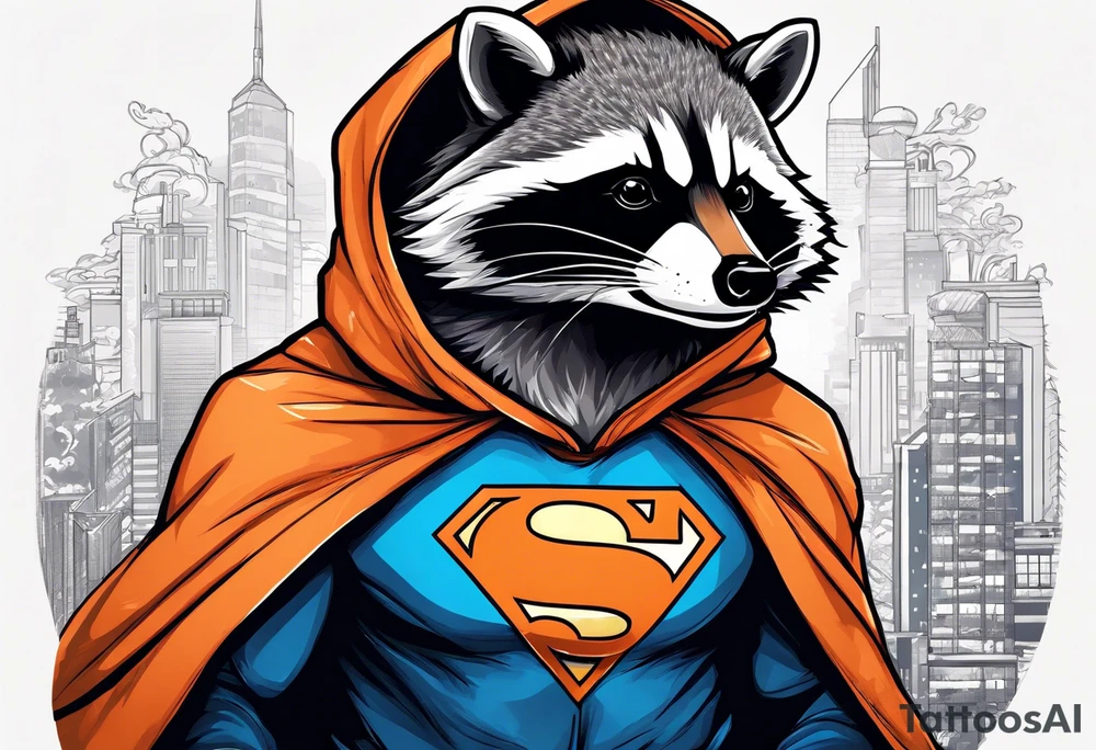 Raccoon wearing an orange Superman hoodie tattoo idea
