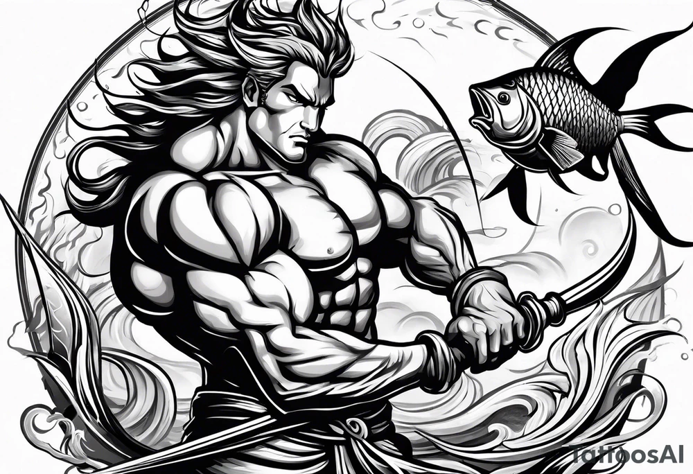 muscular
god 
posideon fighting a sport fish with a trident tattoo idea