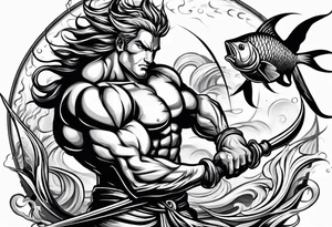 muscular
god 
posideon fighting a sport fish with a trident tattoo idea