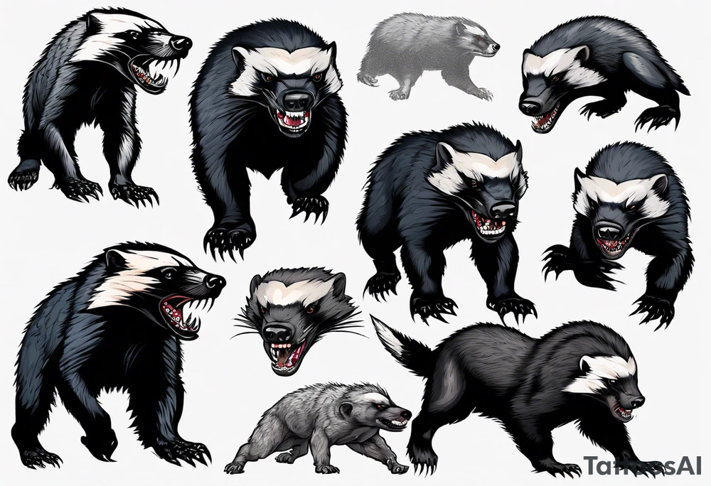 Angry, snarling, detailed full-length honey badger with numerous cuts tattoo idea