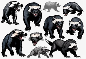 Angry, snarling, detailed full-length honey badger with numerous cuts tattoo idea