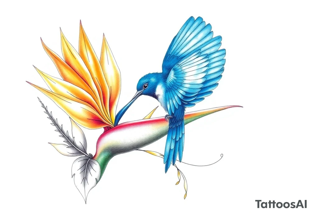 Bird of paradise flower with blue bird tattoo idea