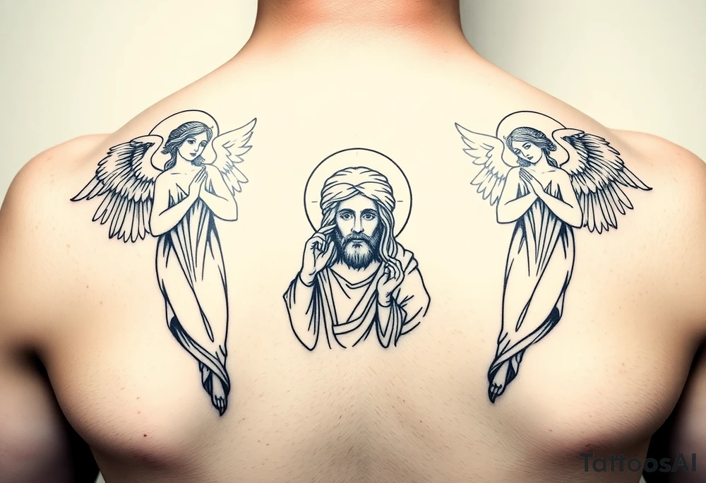 russian orthodox symmetrical guardian angel icon on left and right side of back with both angels holding up a jesus potrait tattoo idea