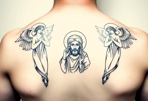 russian orthodox symmetrical guardian angel icon on left and right side of back with both angels holding up a jesus potrait tattoo idea
