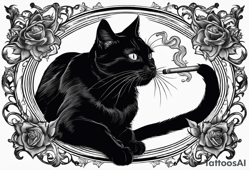 A black cat doing a kickflip while smoking a joint. tattoo idea
