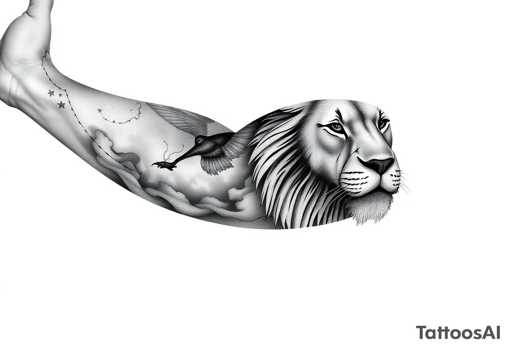 A full sleeve tattoo in black and grey realism, with a majestic lion’s face as the main focal point on the outer forearm. A subtle, ethereal phoenix rising through smoke and ash blends upward toward the upper arm. The background fades into a dreamy night sky with faint stars and the Leo constellation subtly woven in. Incorporate fine-line details and smooth shading to keep it soft and not overly bold. Avoid harsh outlines. Include natural elements like wisps of clouds or faint leaves to tie the design together organically. tattoo idea