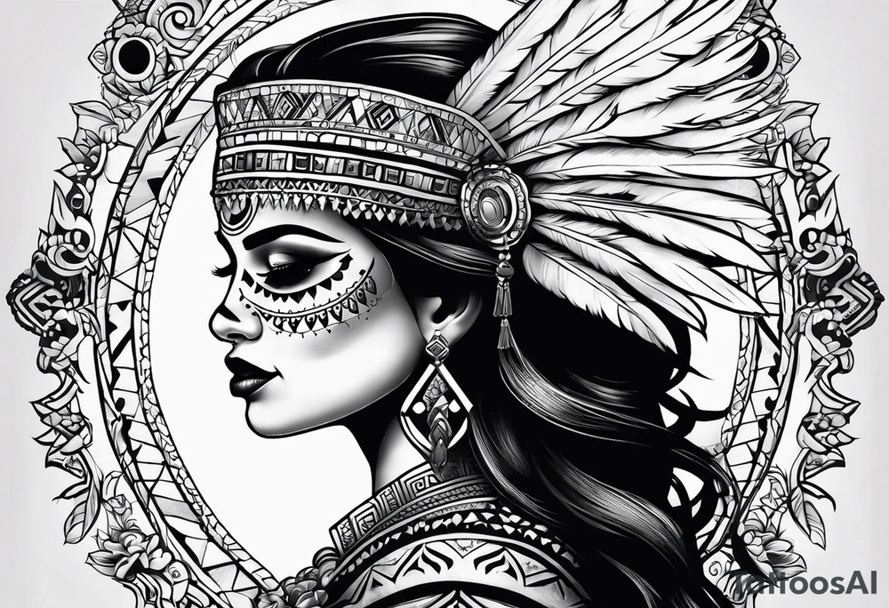 Aztec princess side profile day of the dead tattoo idea