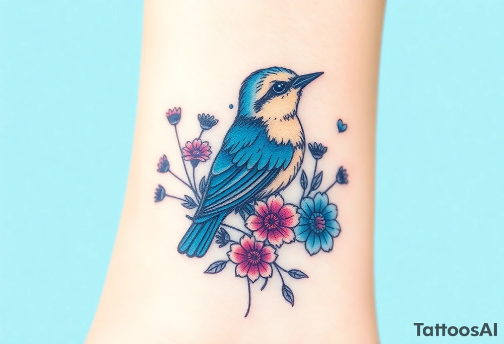 Puffy bluebird surrounded by wild flowers tattoo idea