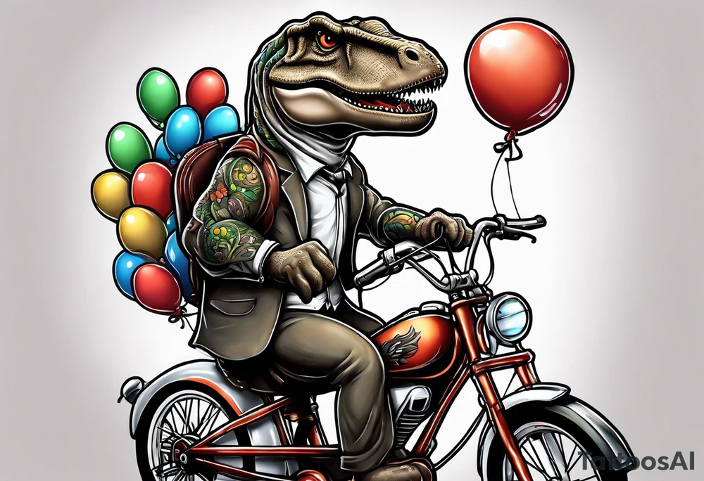 Trex riding a bicycle holding balloons neo trad tattoo idea