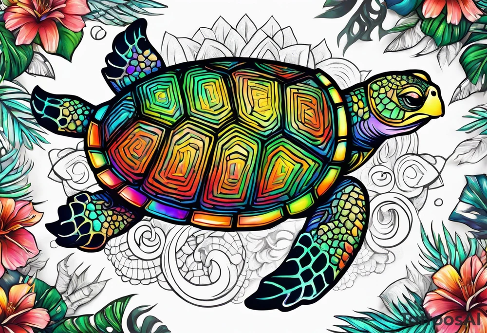 tropical psychedelic turtle's back, top down view, as seen from above tattoo idea