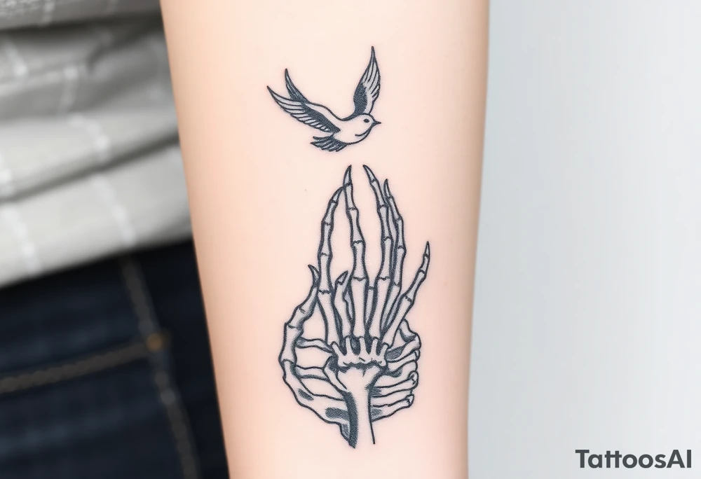 Skeleton hand reaching out of the ocean for a flying swallow in the Sailor Jerry style tattoo idea