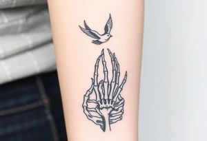 Skeleton hand reaching out of the ocean for a flying swallow in the Sailor Jerry style tattoo idea