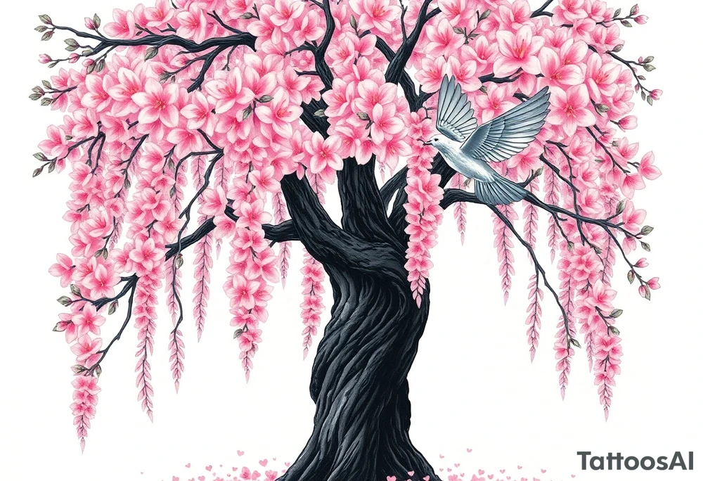 A big pink, weeping tree with huge  lushish leaves and a beautiful trunk. there are 2 doves. 1 is a flying into the sky. The second one is hovering above the ground that’s turning black like she stained with grief. Goth romance 
These are the dates I want dainty in the heavily overflow of weeping cherry blossom branches and leaves March 31, 2024 – July 2, 2024 tattoo idea