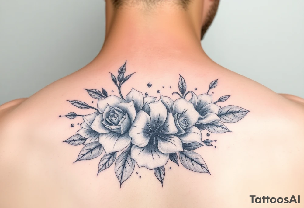 Realistic roses and lilies 
and leaves with embellishments tattoo idea