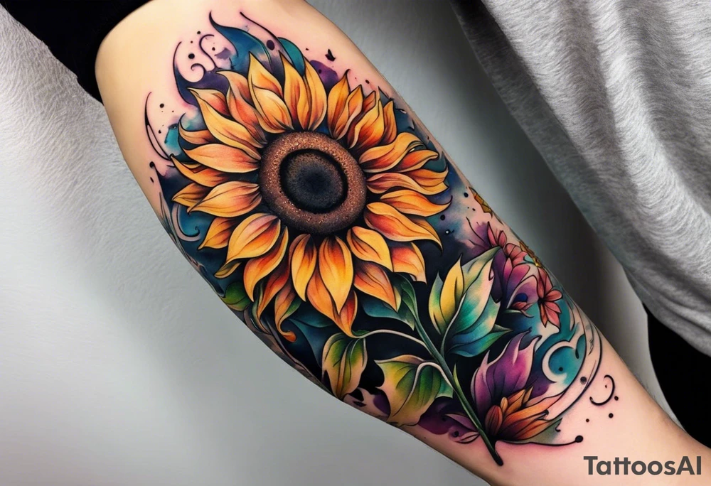 Colorful sunflower arm sleeve tattoo idea