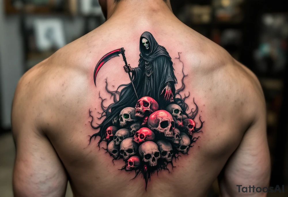 A black-and-gray Reaper with deep green eyes standing atop a pile of glowing red skull tattoo idea