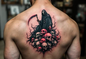 A black-and-gray Reaper with deep green eyes standing atop a pile of glowing red skull tattoo idea