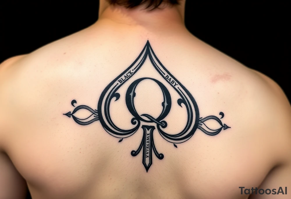 A spade womb tattoo with a Q in the center, with three points around the outside. The first reading, "BLACK". The second reading, "BABY". The third reading, "ONLY". tattoo idea
