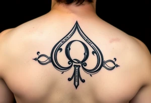 A spade womb tattoo with a Q in the center, with three points around the outside. The first reading, "BLACK". The second reading, "BABY". The third reading, "ONLY". tattoo idea