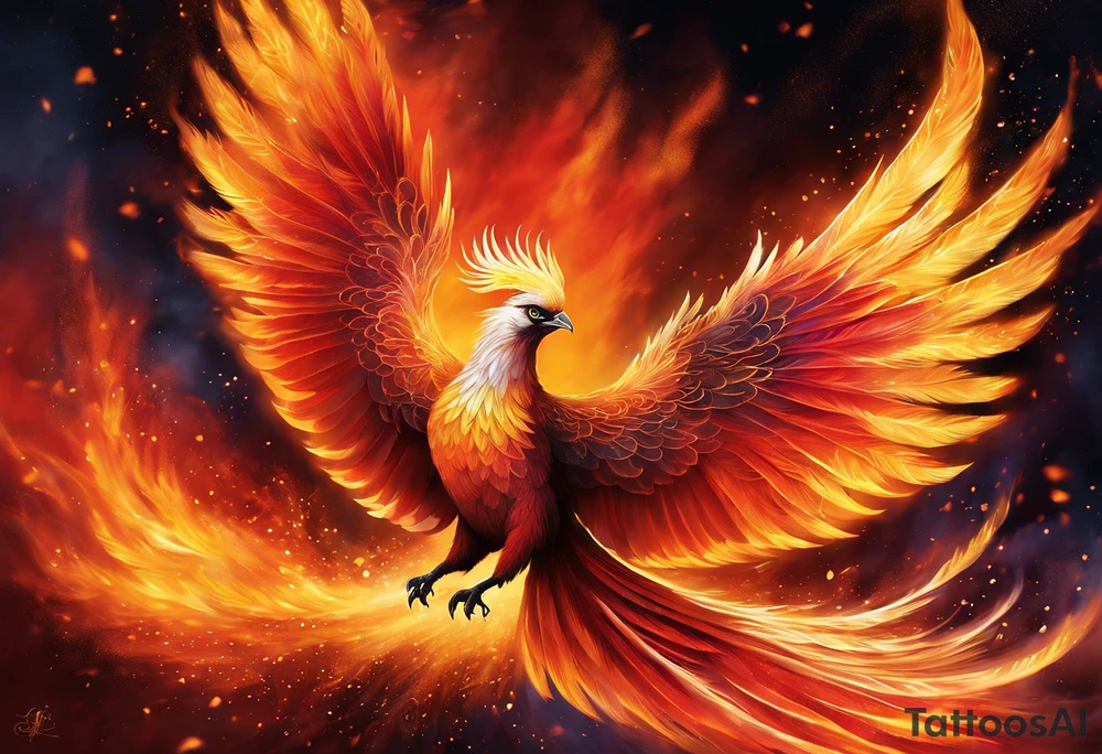 A magnificent phoenix ascends from a bed of glowing embers, its wings spread wide with fiery feathers that shift in hues of red, orange, and gold. The bird's body is sleek and shimmering, radiating an ethereal glow. Trails of sparkling ash and smoke swirl around it, blending into the dark sky, illuminated by the intense flames. Its eyes burn with an intense golden light, and its claws are sharp and glinting, gripping the remains of charred branches. The background is a dramatic interplay of dark clouds, glowing sparks, and a vibrant sunrise on the horizon, symbolizing rebirth and renewal. tattoo idea