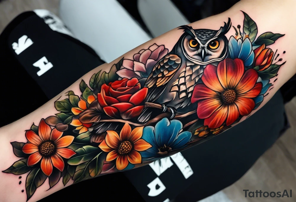 A lower forearm sleeve full colour coming down from a bicep with flowers joined with honeycombs, Mandela flowers, and owl, bees, pinecone, lady bugs. tattoo idea
