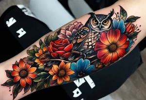 A lower forearm sleeve full colour coming down from a bicep with flowers joined with honeycombs, Mandela flowers, and owl, bees, pinecone, lady bugs. tattoo idea