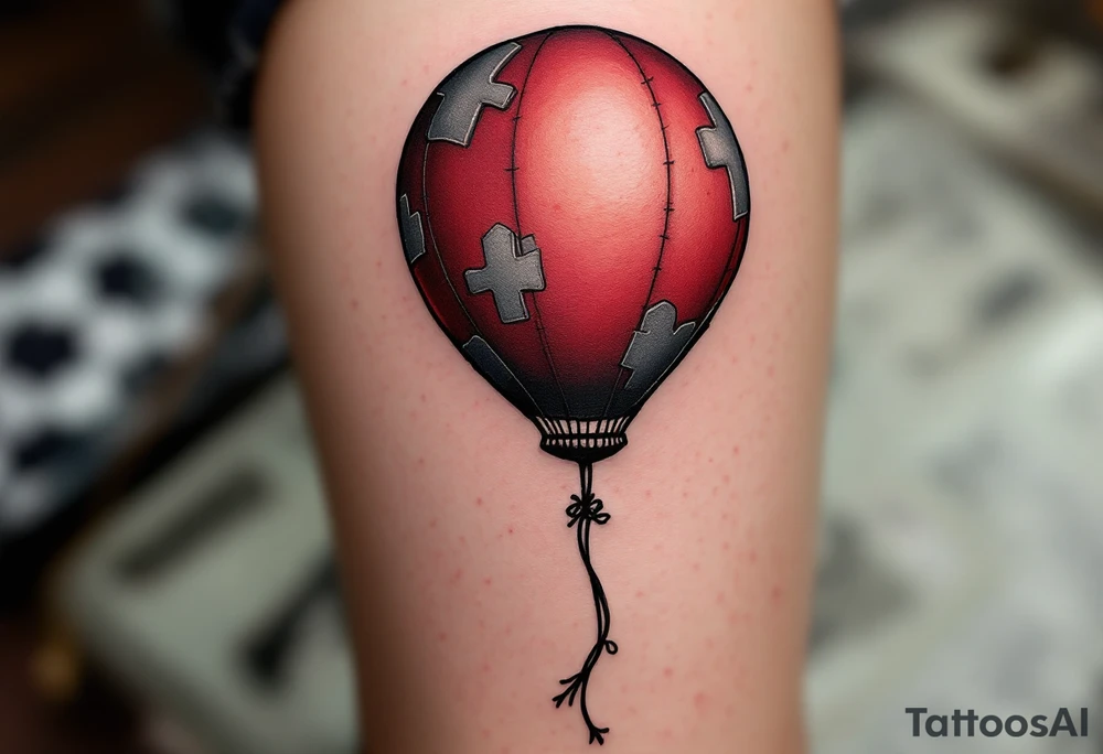 Tim Burton’s lost balloon floats above tombstones, deep maroon with stitched patches and a frayed black string. tattoo idea