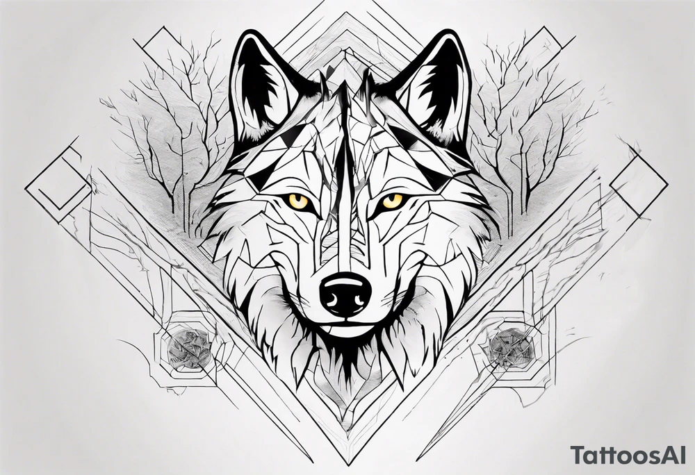 Wolf's face with geometric patterns flowing from it along with impressions of trees, a forest. It should be shaped to fit on a forearm tattoo idea