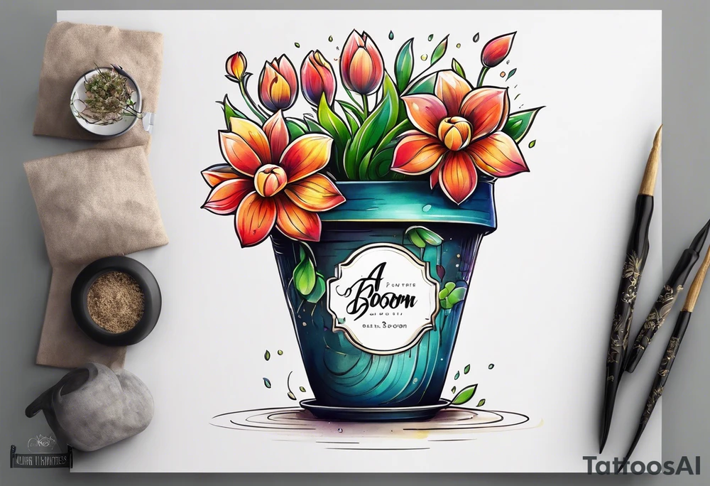a flowerpot with a small flower coming out of it, just about to bloom. i would like the text, "a flower's gonna bloom real soon" around it tattoo idea