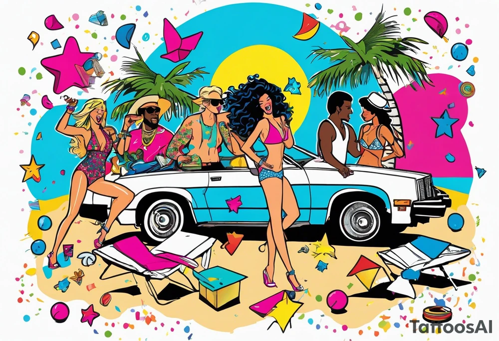 1980's miami vice style beach dance 
party, include confetti, music notes, boom box, bikinis tattoo idea