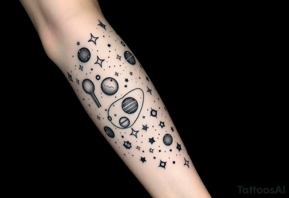 Galaxy stars planets comets shooting stars on full leg tattoo idea